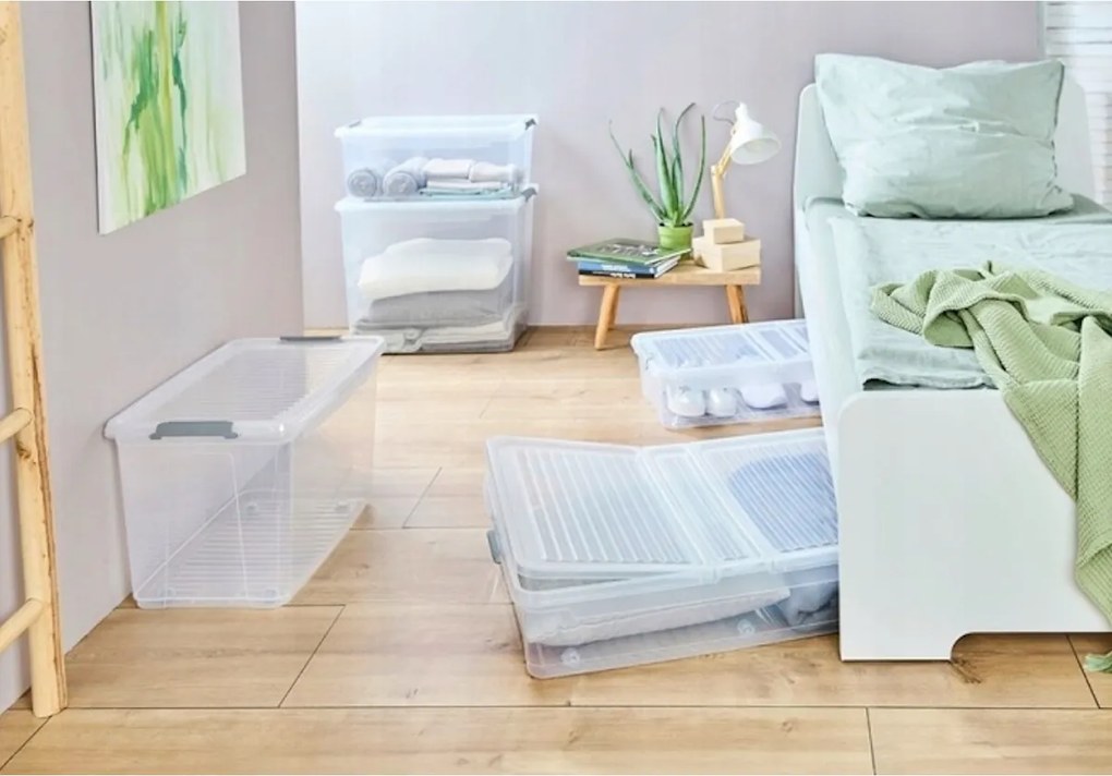 Úložný box s vekom a kolieskami pod posteľ, KEEEPER CLIPBOX LEO 33L, 77 x 38 x 16 cm