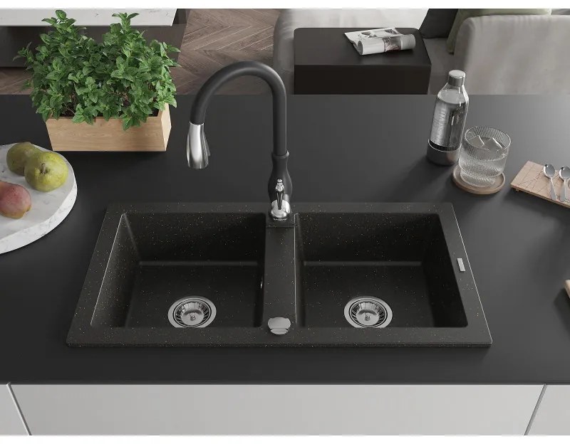 Mexen Mario, 2-komorový granitový drez 820x436x161 mm a drezová batéria Savita, čierna-zlatá metalíza, 6504-75-672601-70