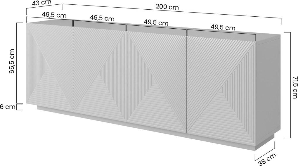 Komoda Asha 200 cm štvordverová - čierny mat