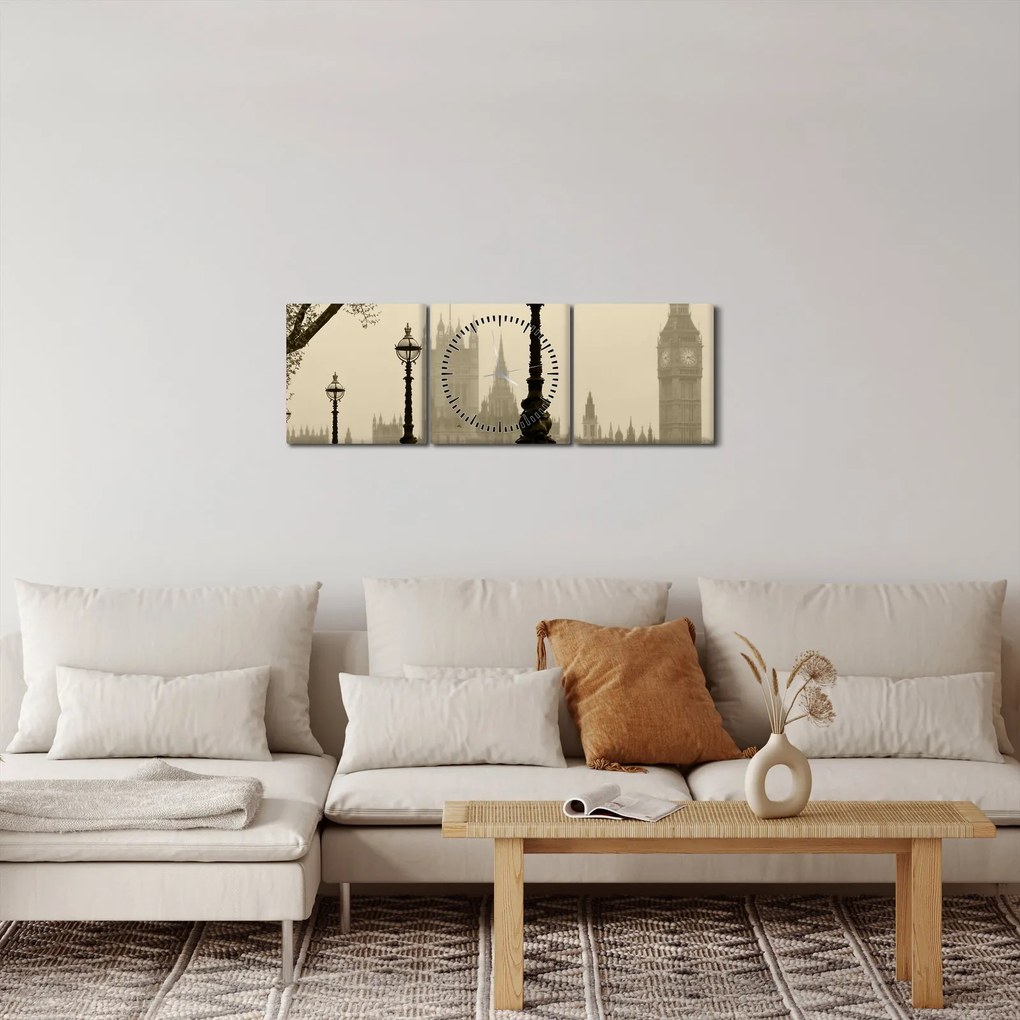Obraz - Londýn v hmle, Anglicko (s hodinami) (90x30 cm)