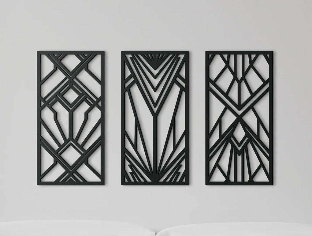 drevko 3-dielny abstraktný obraz Geometrické tvary Rozmer obrazu: 37 x 65 cm, Farba dekorácie: Čierna