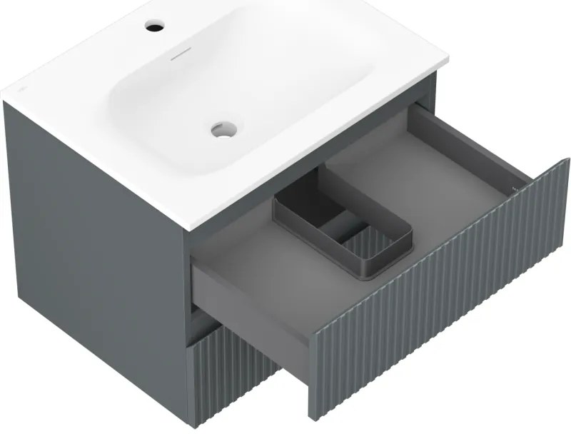 Mexen Rivel, kúpeľňová skrinka 60 cm s umývadlom Vela, 2 zásuvky, drážkovaná, grafitová matná/biela matná, 91A20-06047-2-BFF66-W23M0