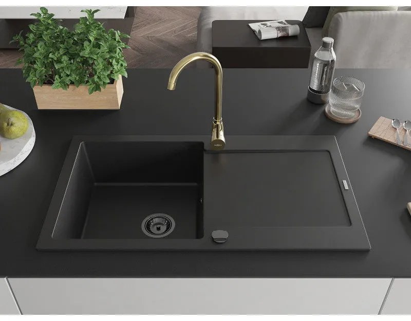 Mexen Leo, drez granitový 900x500x190 mm, 1-komorový a zlatá batéria Telma, čierna, 6501-77-670200-50-B