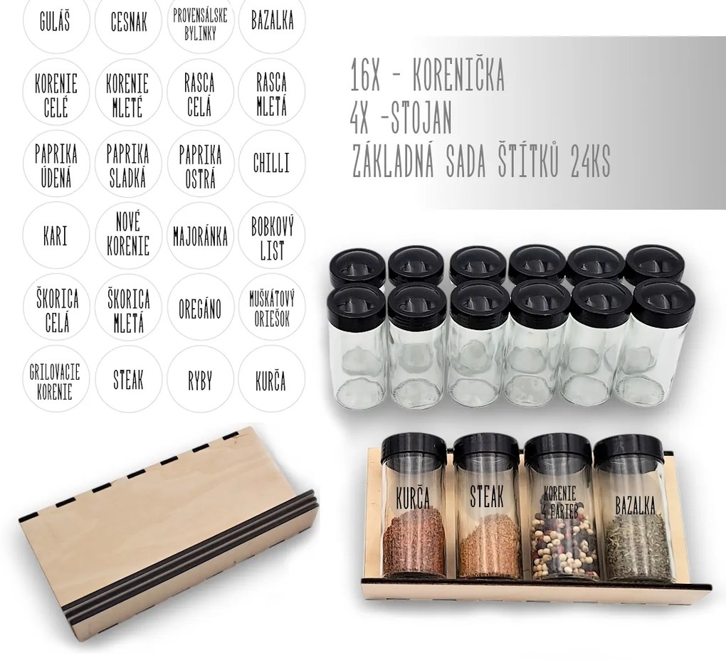 Sada 16ks koreničiek BLACK 80ml + 4ks organizér na koreničky VASKY (nízky) + sada 24ks štítkov