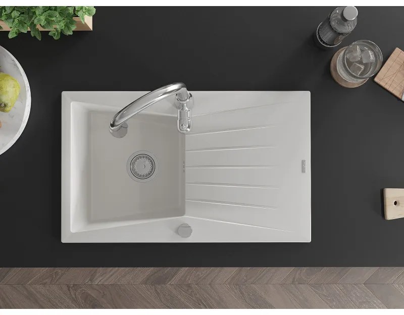 Mexen Cesar, 1-komorový granitový drez 775x470x190 mm a drezová batéria Savita, biela, 6513-77-672601-70
