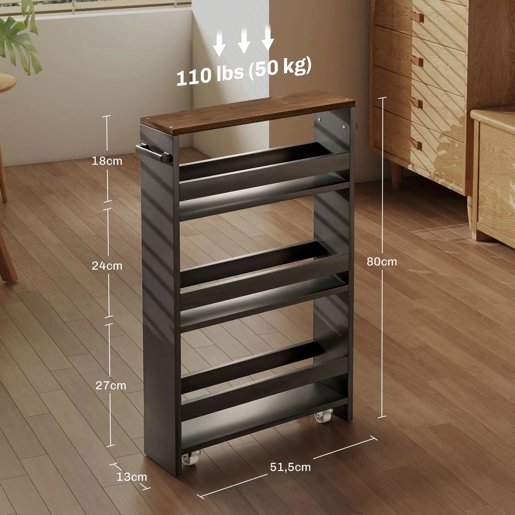 HOMCOM Úložný vozík s kolieskami a 3 úložnými poschodiami, rozmer 51,5L x 13W x 80H cm, do kuchyne, kúpeľne, kancelárie, čierny | Aosom