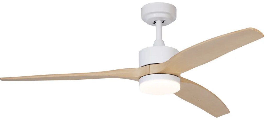 Biely stropný ventilátor s drevenou potlačou 132 cm vrátane stmievateľného LED s diaľkovým ovládaním - Joly