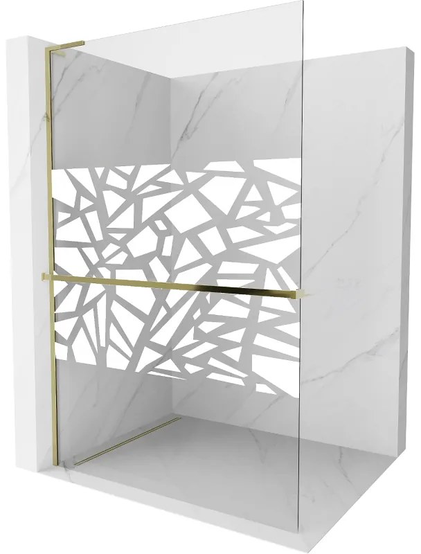 Mexen Kioto+ L, sprchová zástena Walk-In s poličkou a vešiakom 100 x 200 cm, 8mm číre sklo biely vzor, zlatý lesklý profil,800-100-123-50-85