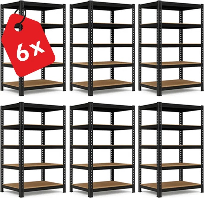 Akcia 6x Regál 216x120x50 cm profesionálny 5-policový, nosnosť 2000 kg - čierny - 6ks