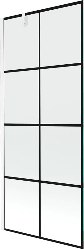 Mexen Next, vaňová zástena 1-krídlová 80 x 150 cm, fixné krídlo, 6 mm číre sklo s čiernym vzorom, biely profil, 895-080-000-00-77-20