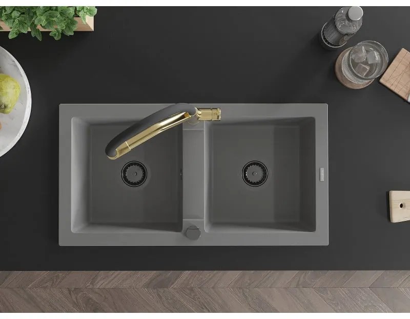 Mexen Mario, granitový drez 820x436x161 mm, 2-komorový a drezová batéria Duo, šedá, 6504-71-671701-57-B