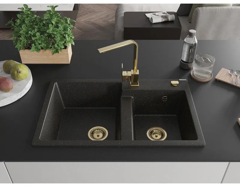 Mexen Tomas, granitový drez 800x500x190 mm, 2-komorový a zlatá batéria Rita, čierna-zlatá metalíza, 6516-75-670300-50