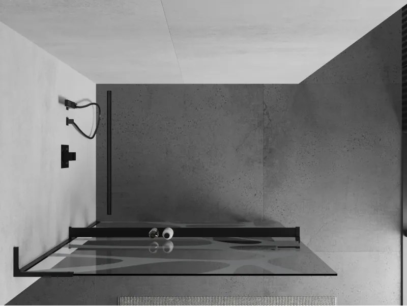 Mexen Kioto+ L, sprchová zástena Walk-In s poličkou a vešiakom 100 x 200 cm, 8mm číre sklo biely vzor, čierny profil, 800-100-123-70-97
