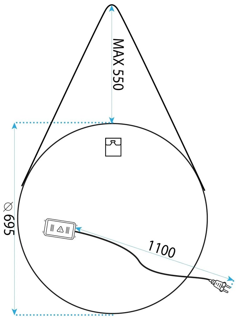 Tutumi Tutumi, okrúhle LED zrkadlo 70cm zavesené na čiernom pásiku, model 104, predné osvetlenie, HOM-02697
