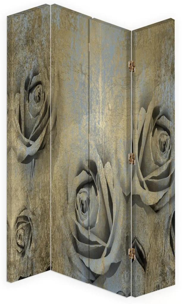 Ozdobný paraván Růže Květiny Zlato - 145x170 cm, štvordielny, klasický paraván