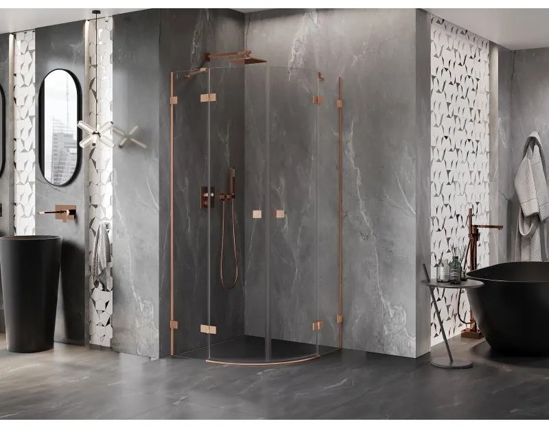 Mexen Lunar, polkruhový výklopný sprchový kút 100 x 100 cm, 8mm číre sklo, profil medená matná, 833-100L-100P-65-00