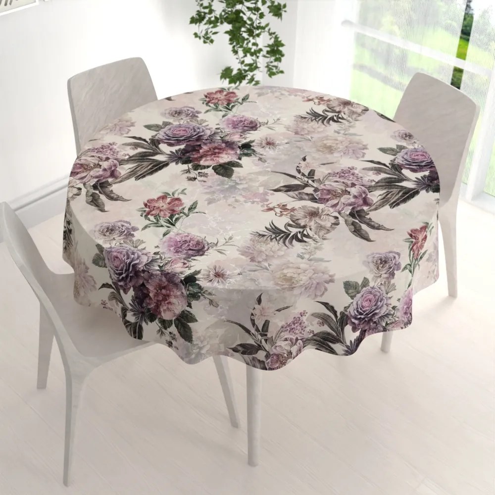 Biante Dekoračný okrúhly obrus Parma PM-112 Fialové kvety na smotanovom Ø 80 cm