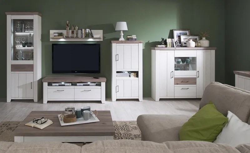 Vysoká vitrína Cruz, bielená pínia/šedý dub