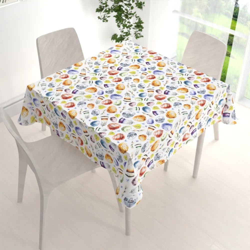 Biante Veľkonočný teflónový štvorcový obrus TF-075 Farebné kraslice a pierka na bielom 130x130 cm
