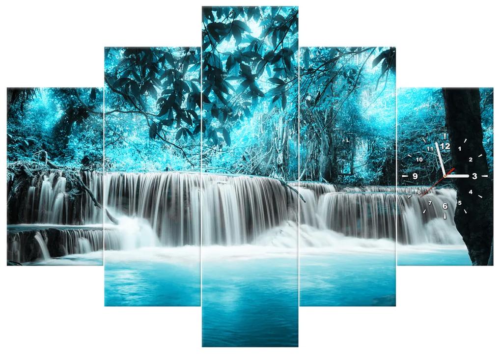 Gario Obraz s hodinami Vodopád v modrej džungli - 5 dielny Rozmery: 150 x 105 cm