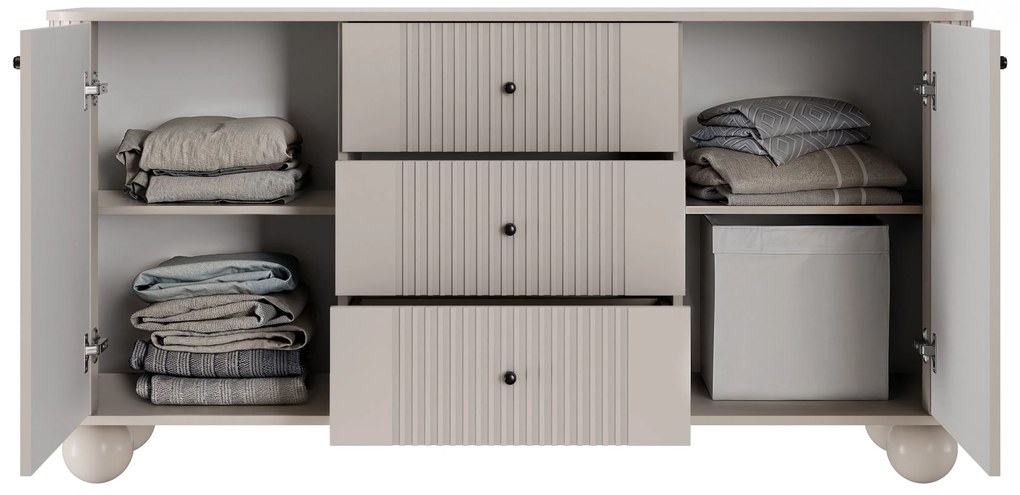 Komoda so zásuvkami Vesper 160 cm - kašmír / čierne úchytky / guľaté nohy