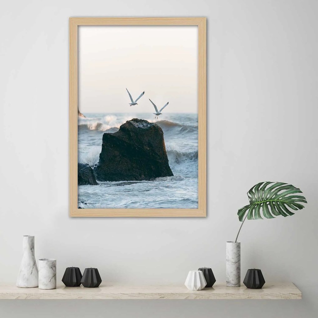 Gario Plagát Skala, morské vlny a čajky Farba rámu: Bez rámu, Rozmery: 40 x 60 cm