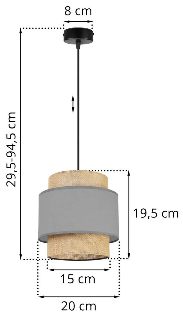 Závesné svietidlo Boho, 1x jutové/sivé textilné tienidlo