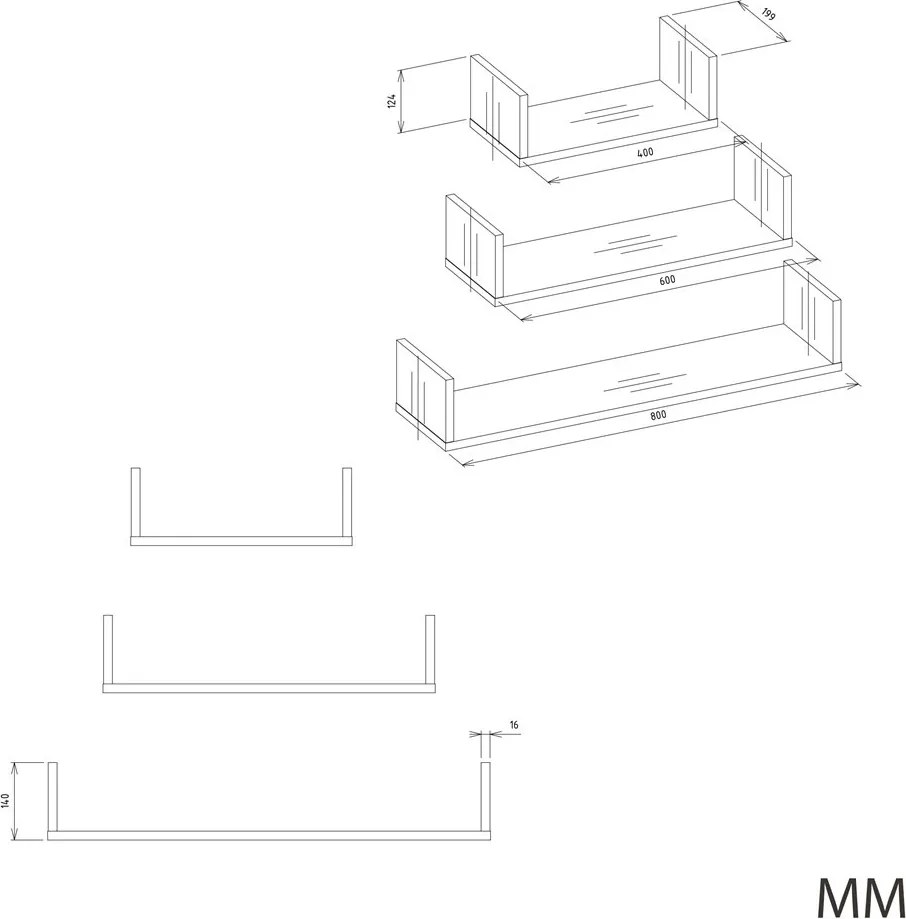 Sada 3 ks nástěnných polic Mobi antracitová