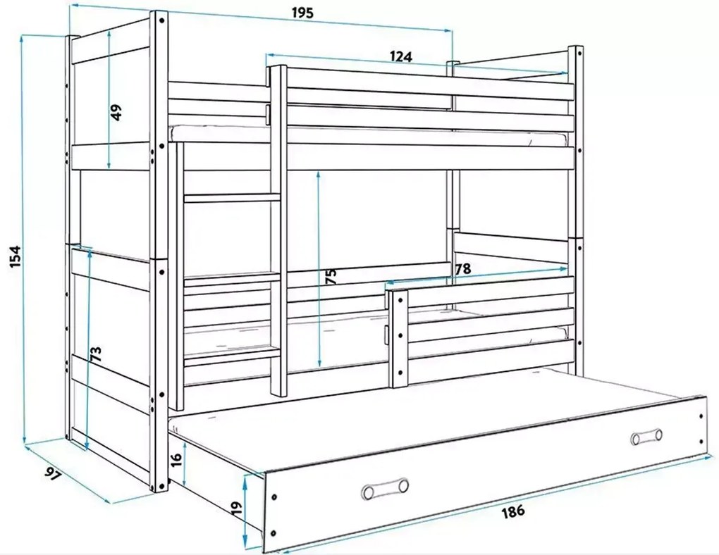 3-lôžková poschodová posteľ RICO so zásuvkou, biela/modrá