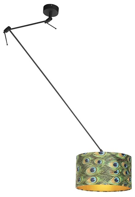 Závesné svietidlo čierne s plyšovým tienidlom páv s zlatom 35 cm - Blitz