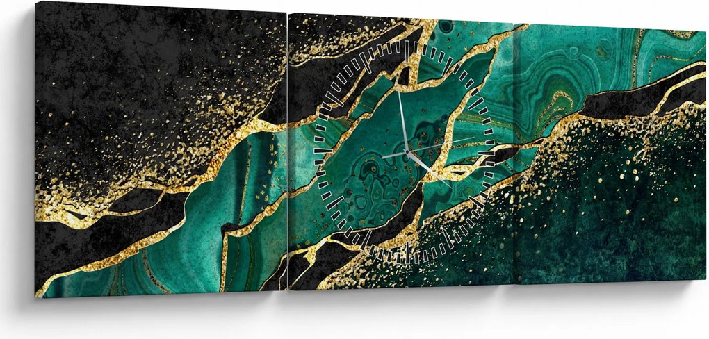 Obraz - Petrolejovo-zlaté mramorovanie (s hodinami) (90x30 cm)