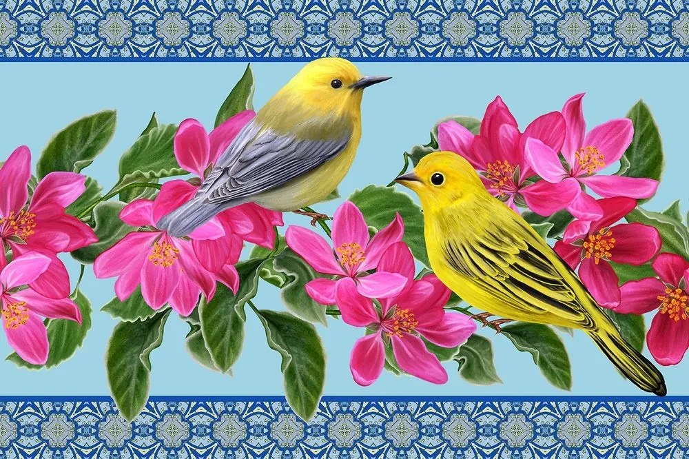 Tapeta vtáčiky a kvety vo vintage prevedení - 375x250