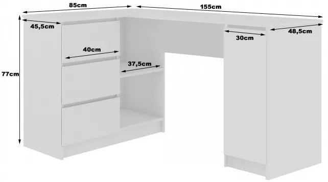 Rohový kancelársky stôl B20 155 cm ľavý, biely / cappuccino lesk