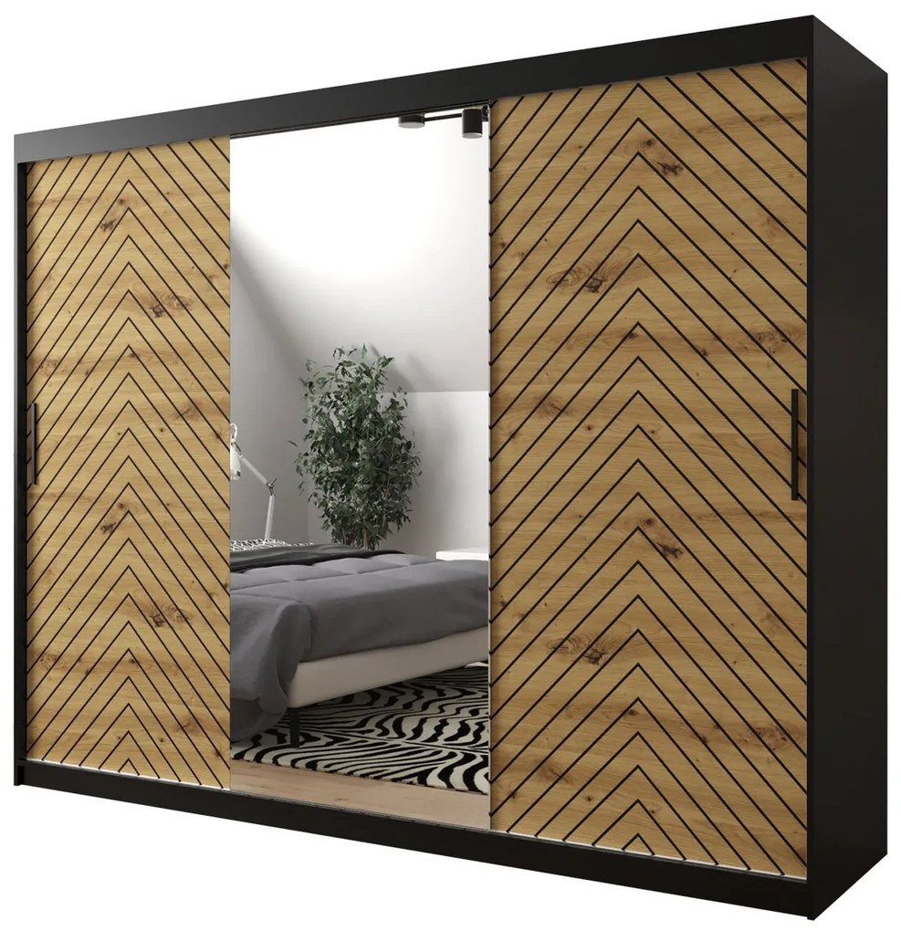 Posuvná skriňa so zrkadlom Ratintu 250 cm, zásuvka: áno, Farby: dub artisan / dub artisan + čierna