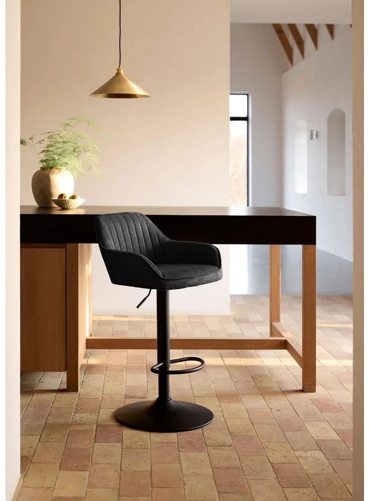 Tmavosivá čalúnená barová stolička s nastaviteľnou výškou/s podrúčkami (výška sedadla 65 cm) Nolan – Unique Furniture