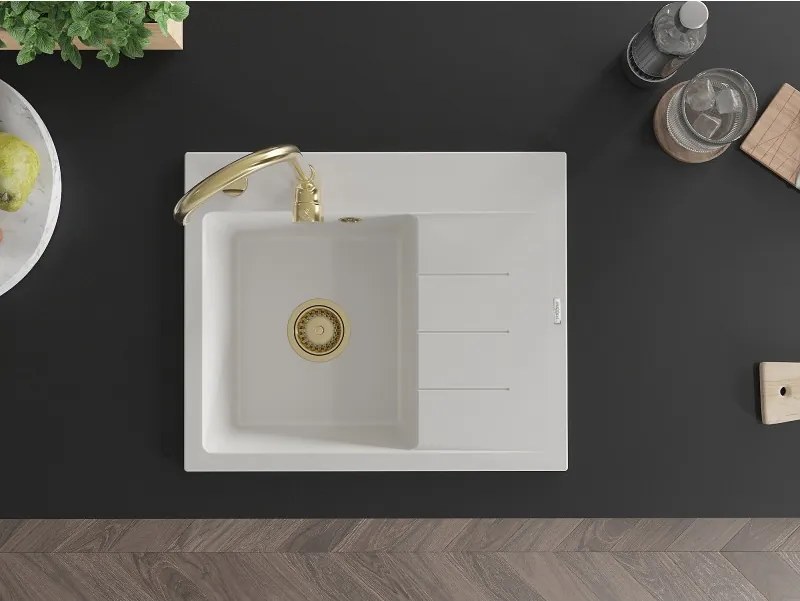 Mexen Ben jednokomorový žulový drez s odkvapkávačom, ľavý 600 x 500 mm, biely, zlatý sifón - 6522605000-20-G
