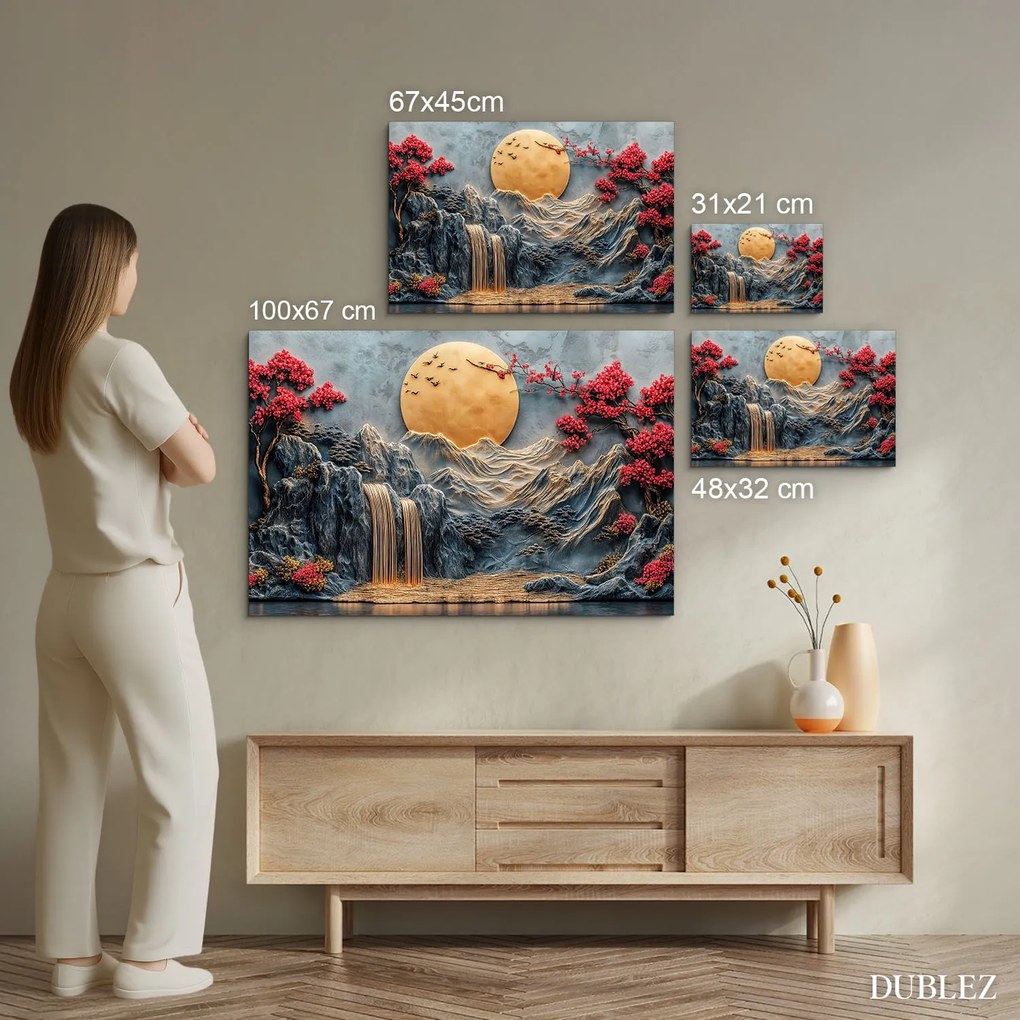 DUBLEZ | Drevený obraz - Zlatý mesiac nad vodopádom