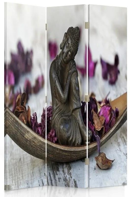 Ozdobný paraván, Buddha ve fialových okvětních lístcích - 110x170 cm, trojdielny, klasický paraván