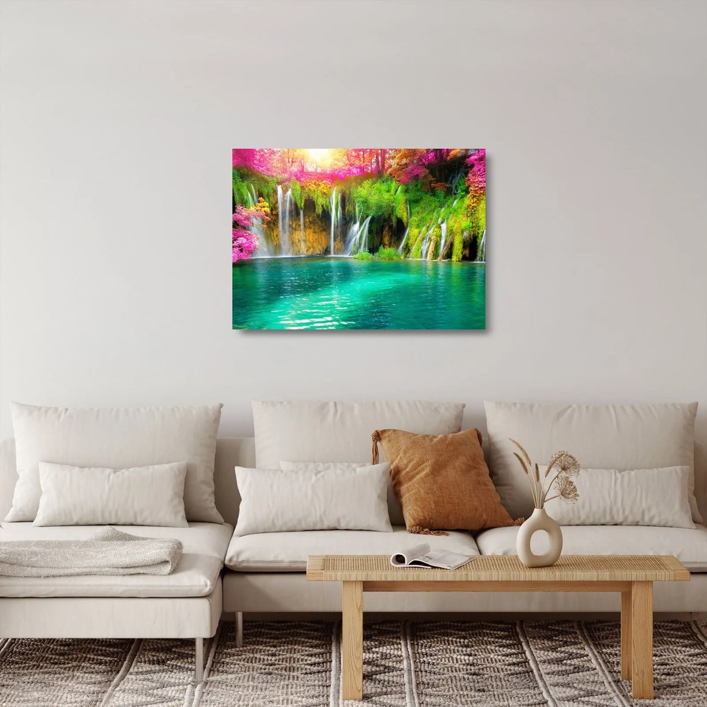 Sklenený obraz - Vodopád, Plitvické jazerá, Chorvátsko (70x50 cm)