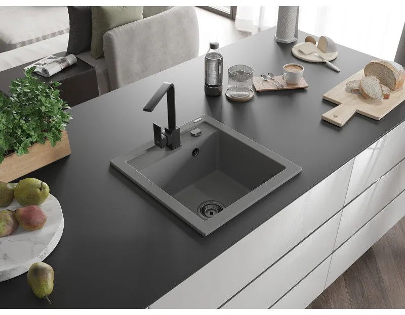Mexen Vito, 1-komorový granitový drez 520x490x210 mm, čierna batéria Rita, šedá, 6503-71-670300-70-B