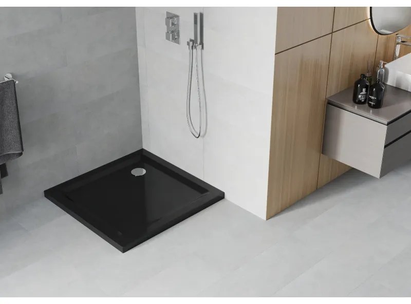 Mexen Slim, štvorcová sprchová vanička 90x90x5cm + chrómový sifón, čierna, 40709090