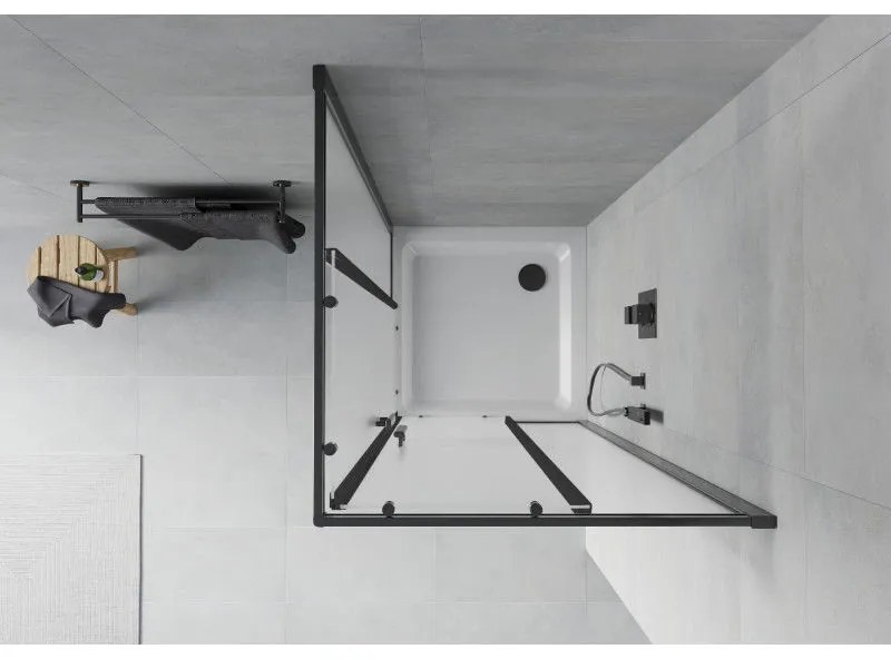 Mexen Rio, štvorcový sprchovací kút s posuvnými dverami 80(dvere) x 80(dvere) x 190 cm, 6mm sklo námraza, čierny profil + biela sprchová vanička SLIM, 860-080-080-70-30-4010B