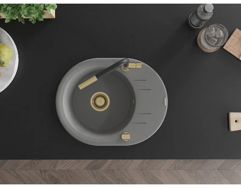 Mexen Kevin, 1-komorový granitový drez 586x458x190 mm a drezová batéria Flora, šedá, 6517-71-670401-57-G