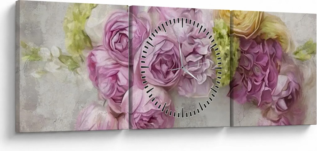Obraz - Kvety na stene v pastelových farbách (s hodinami) (90x30 cm)