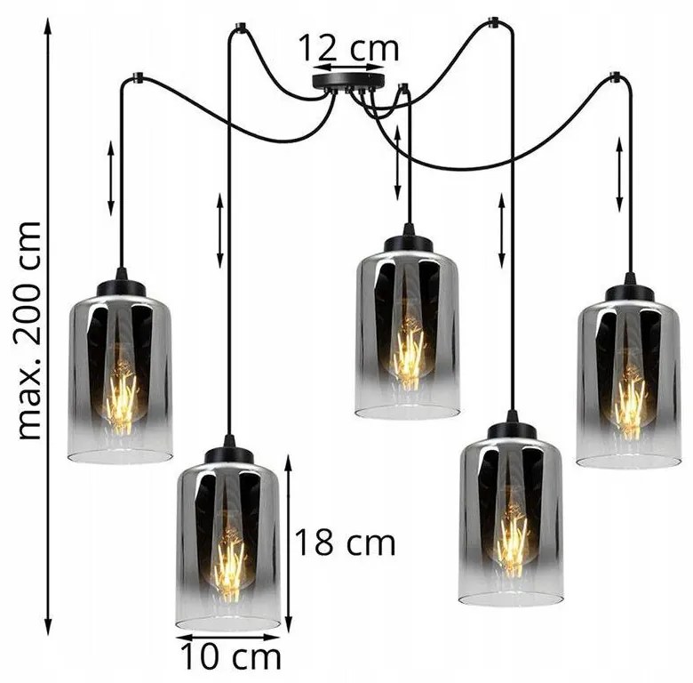 Závesné svietidlo HELLA SPIDER, 5x sklenené tienidlo (mix 3 farieb)