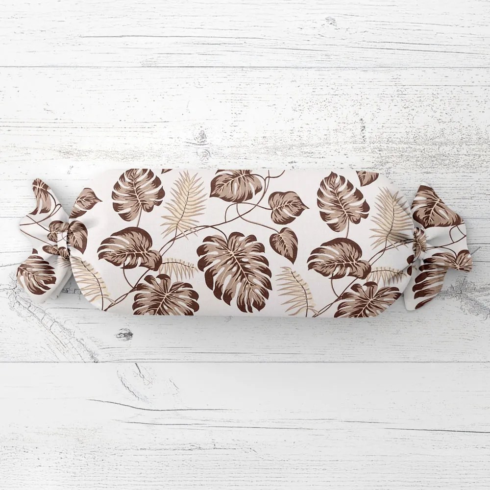Biante Vankúš valec bonbon Sandra SA-498 Hnedé listy monstery na bielom 15x60 cm