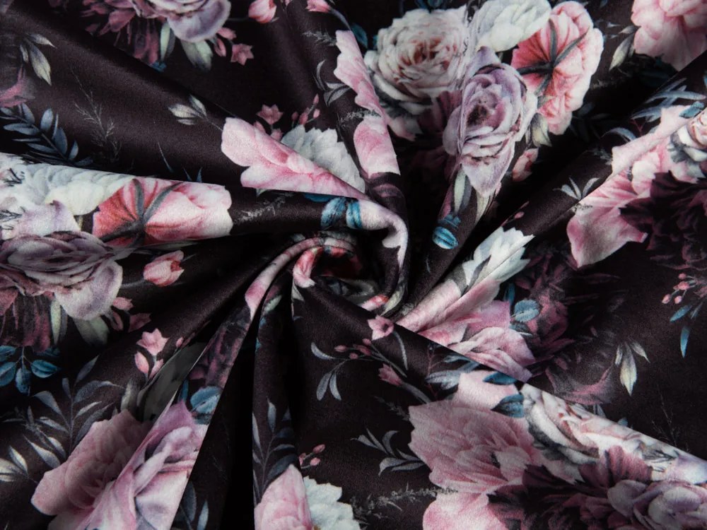 Biante Zamatová obliečka na vankúš s lemom Tamara TMR-011 Kvetiny na čiernom 40 x 40 cm
