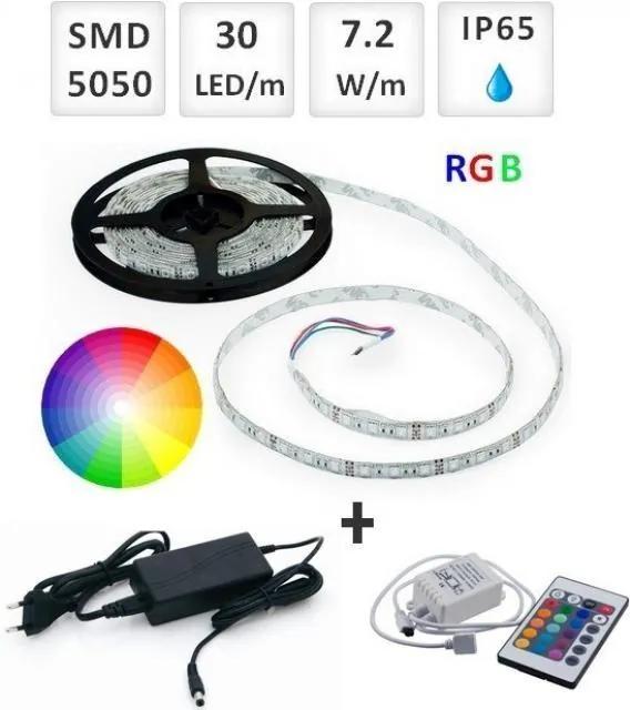 Optonica Sada: 5m RGB LED pásik vodeodolný 30 SMD5050/m, 7.2W/m, IP65 + zdroj + RGB ovládač 24 tlač.