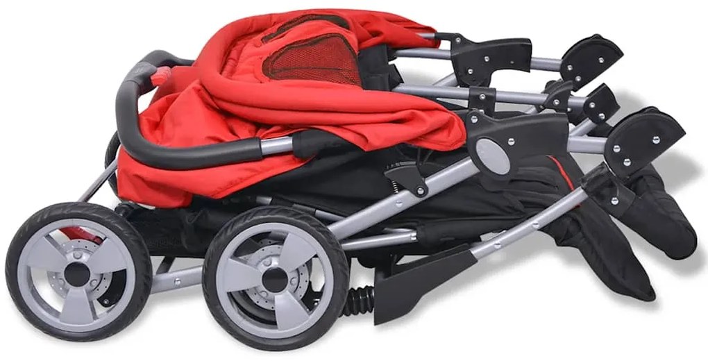 Oceľový kočík pre dvojičky, červeno-čierny