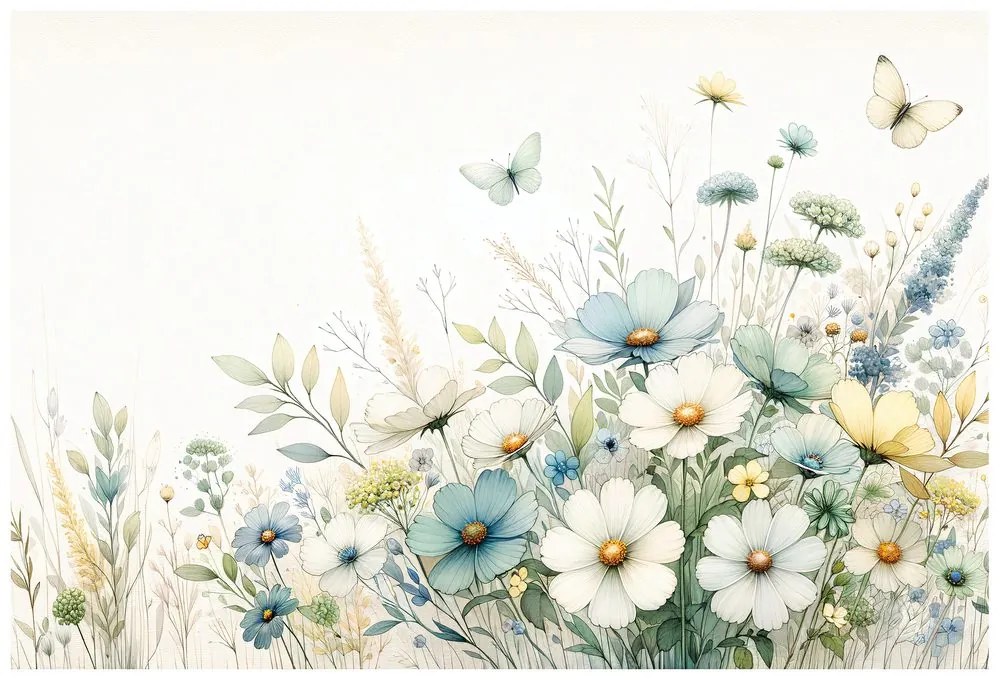 Samolepiaca tapeta pastelové lúčne kvety a lietajúce motýle